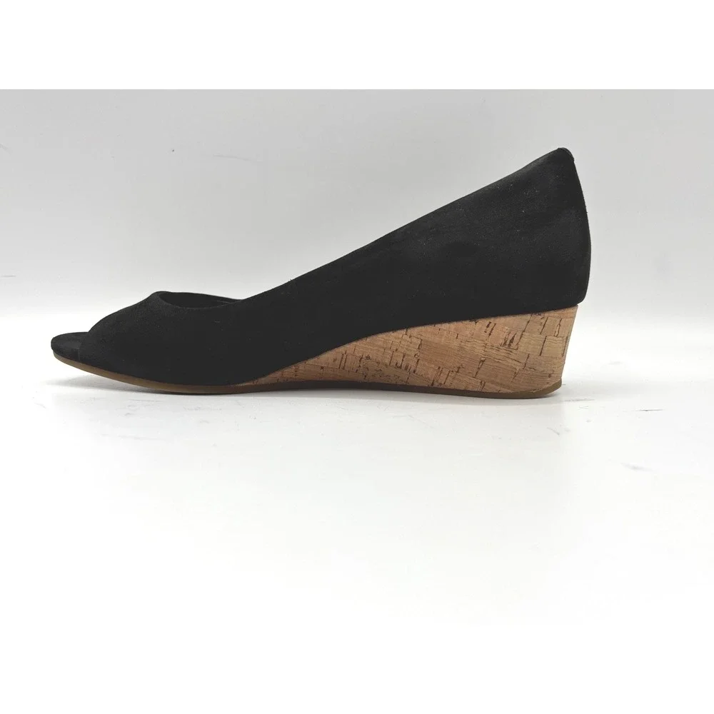 Cole Haan Women's Black Suede Peep Toe Cork Wedge Pumps Classic Dress Shoes